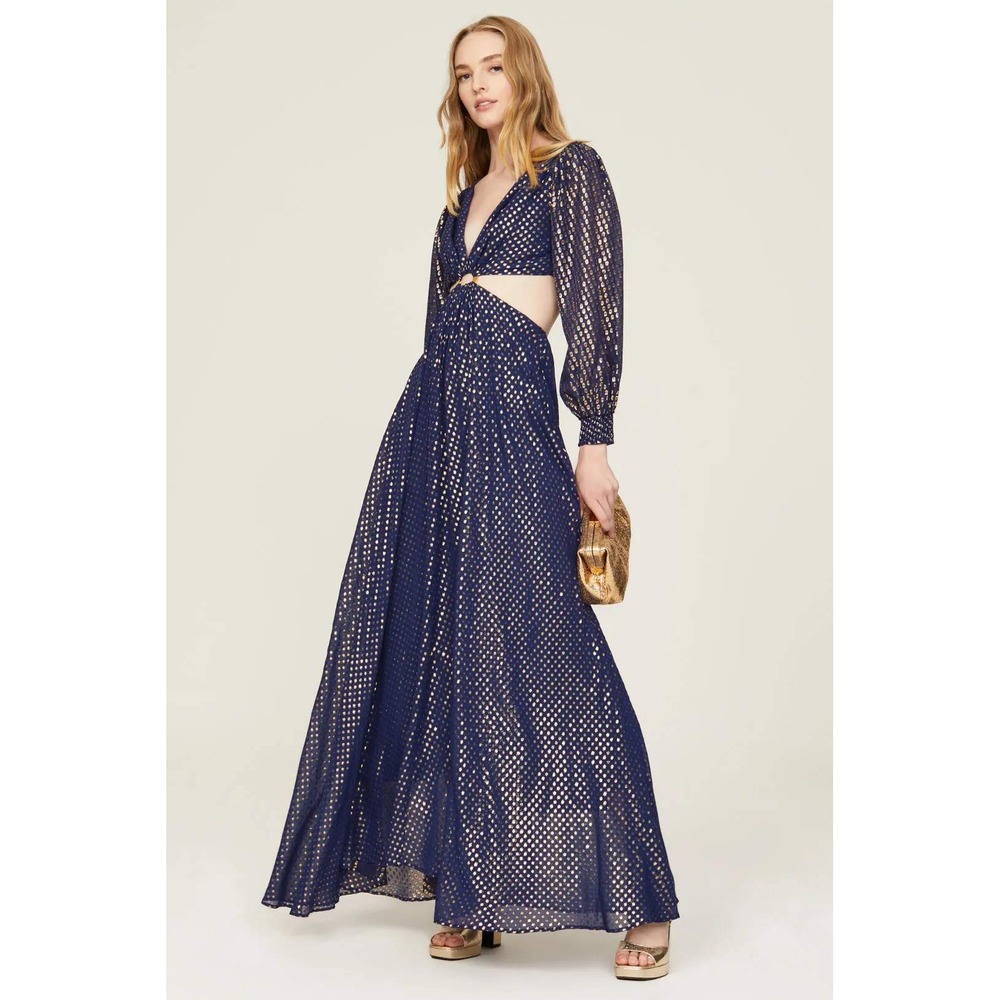 DELFI Collective Cerise Gown Navy Gold Silk Polka Dot Ring Cutout Maxi Sz M